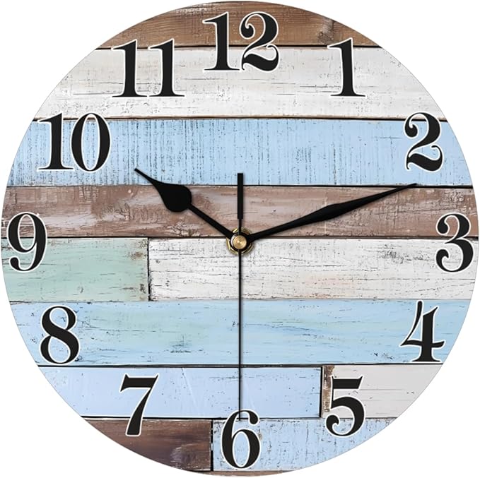 Rustic Coastal Country Wooden Wall Clock Battery Operated 10 in Round Wall Clocks Slilent Non Ticking Quartz Analog Clock for Bedroom Kids Living Room Classroom Decor
