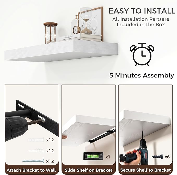 Floating Shelves for Wall, 30" W x 12" D x 2" H, 2 Pack of Long Wall Mounted Engineered Wood Shelves with Invisible Brackets for Living Room, Bedroom, Bathroom, Kitchen Decor, White