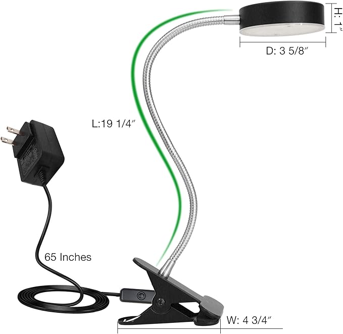 Clip-On LED Desk Lamp with Switch, 19.25” Flexible Gooseneck, 4.5W 260LM 4000K Cool White Clamp Desktop Light, 65” Cord Small Desk Light for Home, Office, Study, ETL Listed