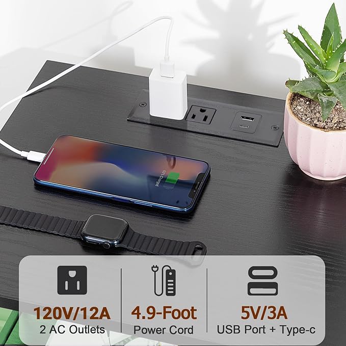 AMHANCIBLE Nightstand with Fast Charging Station, End Table Living Room with USB Charger 3-Port & 2-Power Outlet, Bedside Table with Fabric Drawers for Bedroom HET052LBK1