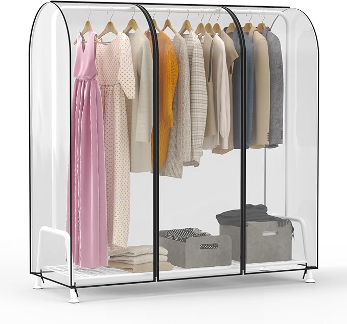 Zilink 60'' Clear Garment Rack Cover Dustproof Clothes Rack Cover Clear Garment Bags Fur Coat Storage Bag Waterproof Wardrobe Cover with 2 Durable Zippers for Garment Rack