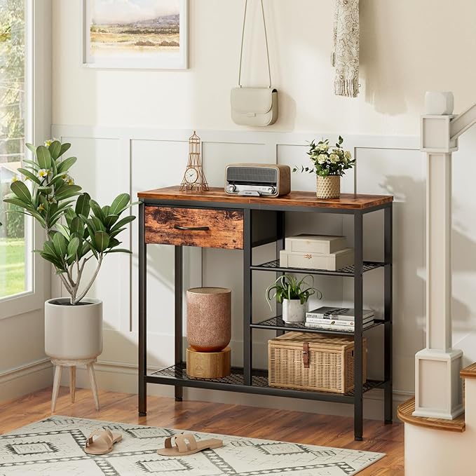 Furnulem Entryway Table Industrial 31.5" Sofa Console Table with Metal Mesh Shelf,Storage Fabric Drawer 4-Tier Shoe Rack Side Furniture for Front Door,Foyer Wooden Top, Sturdy Steel Frame,Rustic Brown