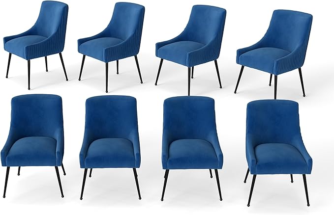 Velvet Dining Chairs Set of 8,Blue Upholstered Living Room Chairs with Black Metal Legs, Modern Tufted Accent Chairs for Living Room, Study Room, Kitchen