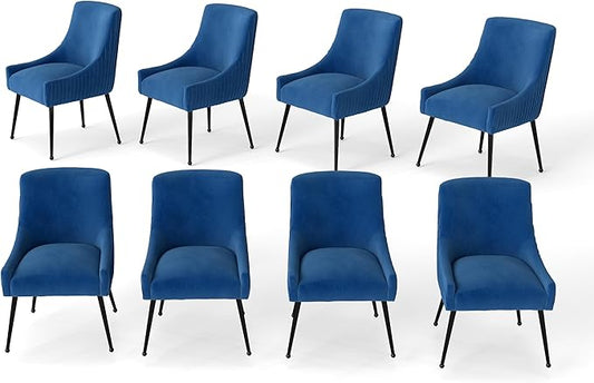 Velvet Dining Chairs Set of 8,Blue Upholstered Living Room Chairs with Black Metal Legs, Modern Tufted Accent Chairs for Living Room, Study Room, Kitchen