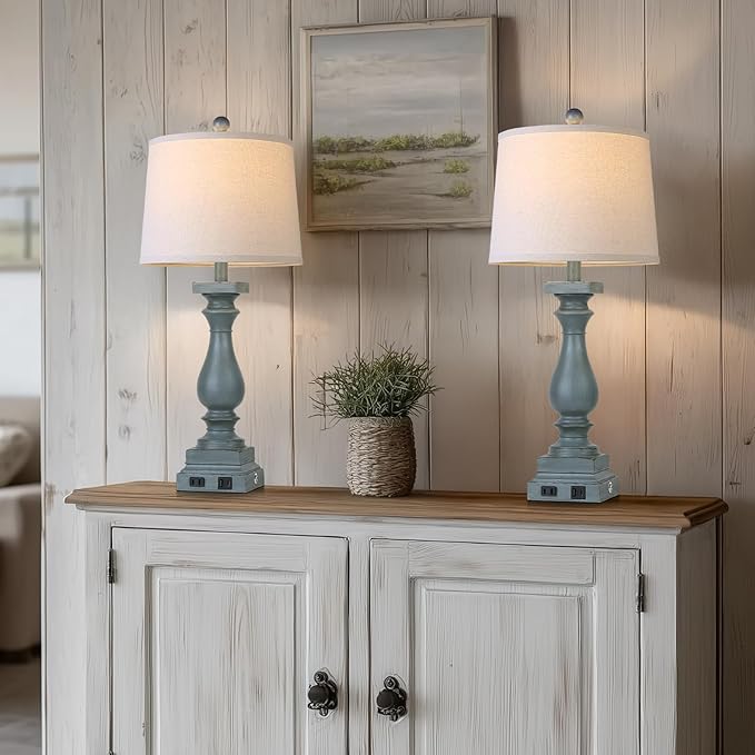 28" Tall Farmhouse Table Lamps Set of 2 with USB C+A Ports and AC Outlet, 3 Way Touch Control Rustic Bedside Lamp for Bedroom, Blue Vintage Nightstand Lamp for Living Room Office