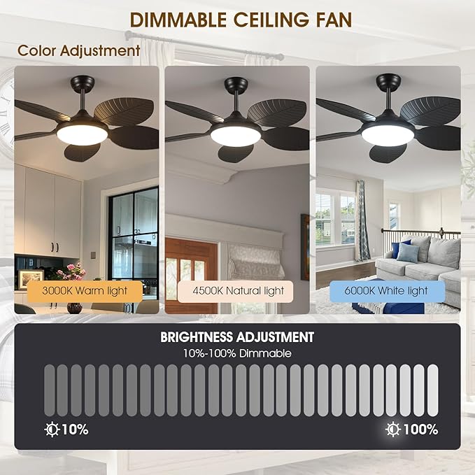 Ceiling Fans with Lights and Remote/APP Control, 48 Inch Tropical Ceiling Fan for Bedroom Living Room, Outdoor Palm Leaf Ceiling Fan for Patios Porch, Dimmable, 6 Speeds, Reversible, Black
