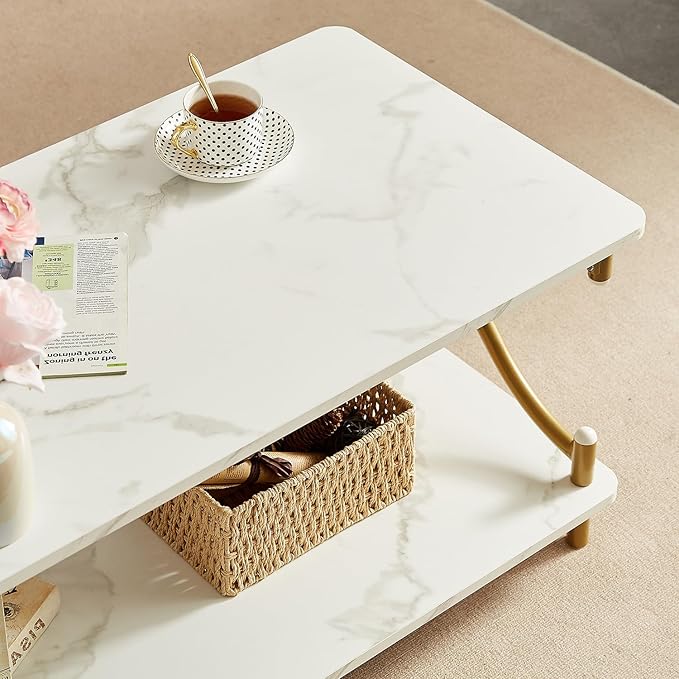 VECELO White and Gold Coffee Table with Storage and Open Shelves for Living Dining Room 39-Inch, Modern Rectangle & Industrial Design, X-Shape Frame, Easy Assemble