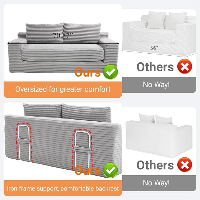 Fefances Loveseat Sofa Bed Boneless Couch, Convertible 2-in-1 Design, Corduroy Fabric - Compact Memory Foam Couch for Small Spaces, Apartments, Home Office & Bedroom （Grey）