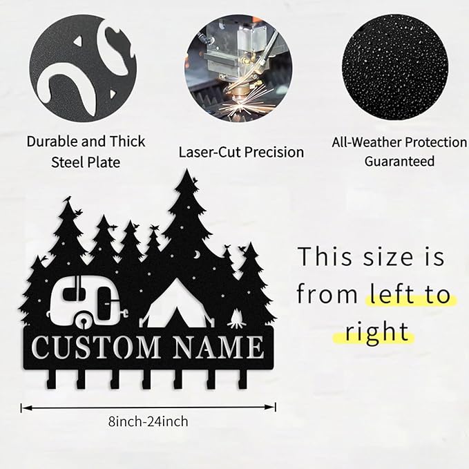 Personalised Metal Key Rack Hooks,Camp Theme Key Holder with Name,Custom Key Holder for Wall,Home Sweet Home Decor,Housewarming Gift Camp 2