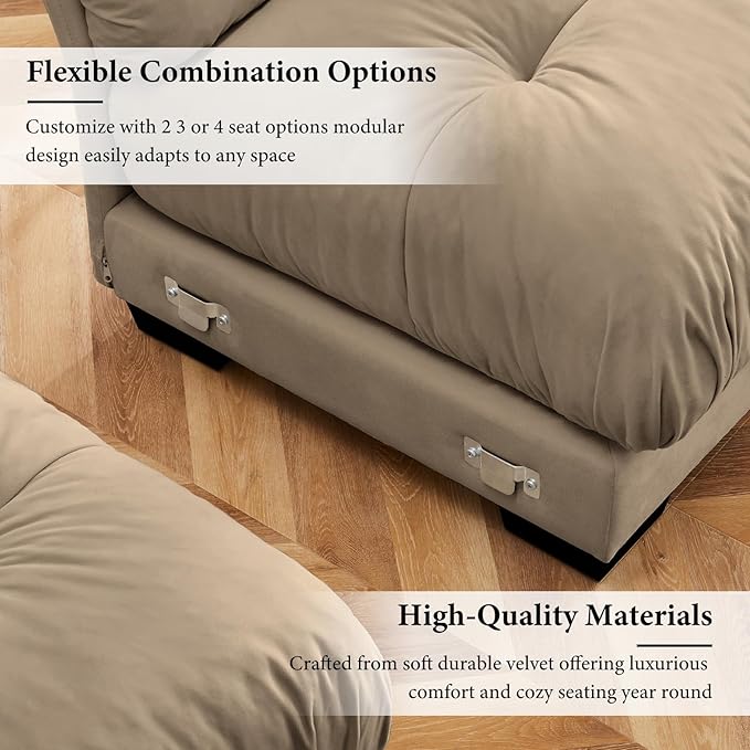 130" Oversized Couch, 3 Seater Sectional Couches for Living Room, Camel Velvet Large L Shaped Fluffy Modular Couch Set