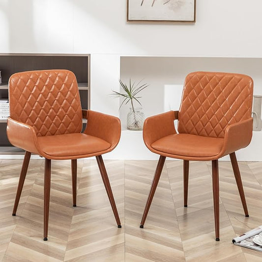 LUNLING Mid Century Modern Dining Room Chairs Set of 2 Accent Faux Leather Kitchen Chair Bentwood Frame with Armrest,Upholstered Seat,Metal Legs Chairs,Adjustable Foot for Kitchen Dining Desk(Orange)