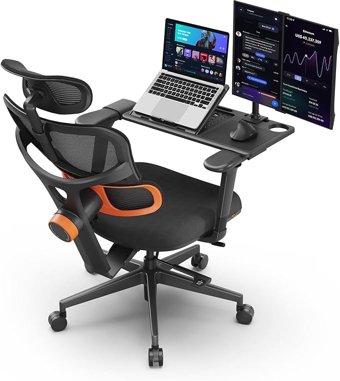 Newtral Ergonomic Office Chair with Fully Adaptive Lumbar Support, 136°Tilt Function, Computer Desk Chair with Soft 4D Armrest, Adjustable Headrest (Upgrade with Laptop Tray, Black)