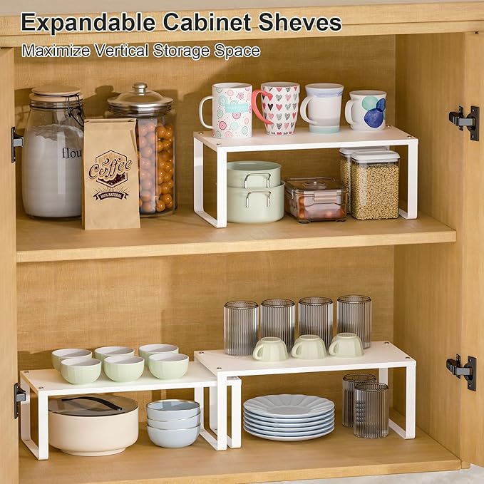 15.75" Long Stackable Expandable Metal Shelf Organizer For Kitchen Cabinet Counter Storage, Set of 2 Small Metal Storage Shelves Spice Rack For Kitchen Cupboard Countertop,Sturdy, 30LBS Heavy Duty