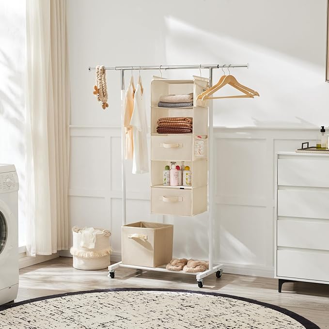 MAX Houser 5 Tier Shelf Hanging Closet Organizer, Cloth Hanging Shelf with 2 Sturdy Hooks for Storage, Foldable (Beige-D2)