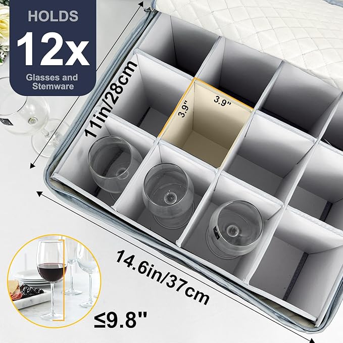 Wine Glass and Mug Storage Box with Dividers - 2 Pack China Storage Containers Set Holds 24 Glassware , Stemware，Coffee Mug and Tea Cup, Organizer Bin with Sturdy Metal Zipper,Label and Handles (Grey)