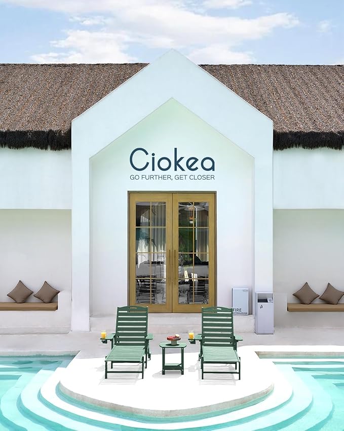 Outdoor Chaise Lounge Chair Set of 2, Patio Lounge Chairs for Outside, HDPE Lounge Chair with Wheels & Cup Holder, Poly Chair with 5 Position for Poolside, Deck, Green