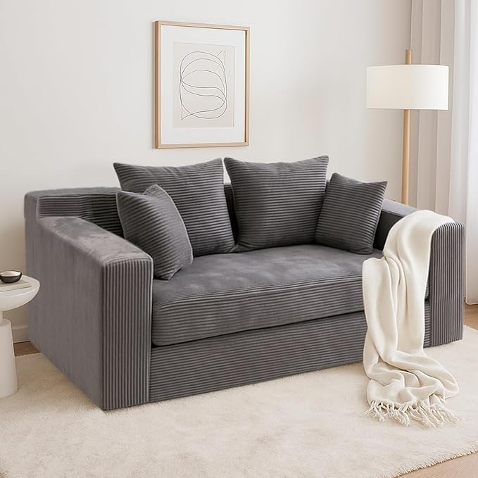Convertible Sofa Bed, 3 in 1 Loveseat Folding Couch Bed Foldable - Boneless Couch & Floor Futon Sleeper, Corduroy Pull Out Sofa Bed with 4 Pillows for Living Room, Grey