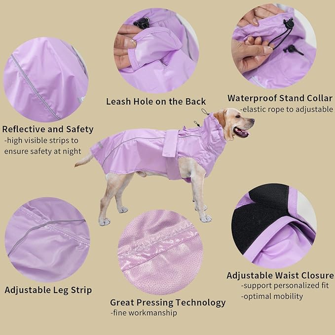 Adjustable Waterproof Dog Raincoat for Dogs,Lightweight Pet Rain Jacket Puppy Clothes with Reflective Strip for Small Medium Large Dogs (Light Purple, Large)