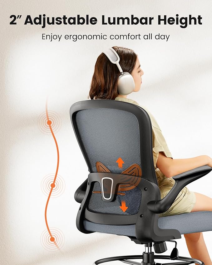 ErGear Drafting Chair,Tall Office Chair with Flip-Up Armrests, High Desk Chair Adjustable Height and Adjustable Footrest Ring, Ergonomic Standing Desk Chair with Lumbar Support, Blue