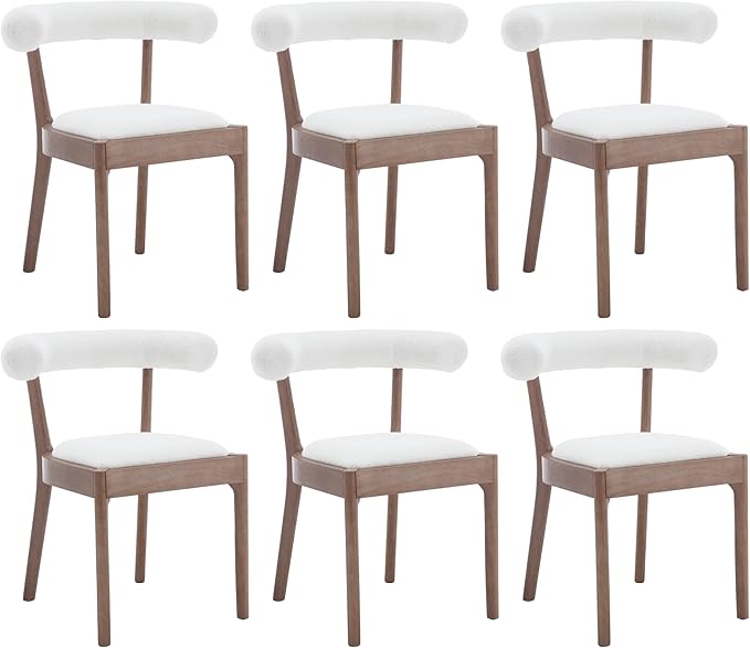 Kmax Dining Room Chairs Mid-Century Modern Sherpa Kitchen Chairs with Natural Walnut Finished Frame, Fur Curved Back, Set of 6, White