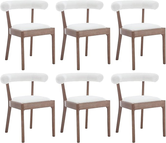 Kmax Dining Room Chairs Mid-Century Modern Sherpa Kitchen Chairs with Natural Walnut Finished Frame, Fur Curved Back, Set of 6, White