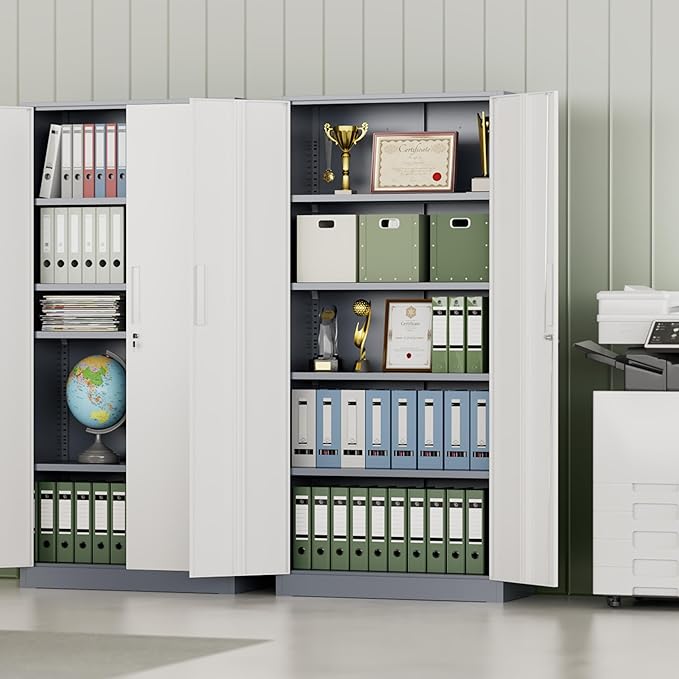 INTERGREAT Metal Storage Cabinet, 72" H Lockable Steel Cabinets with Locking Doors, Storage Locker with Adjustable Shelves for Office, Home, Garage, Gym, School (White Grey)