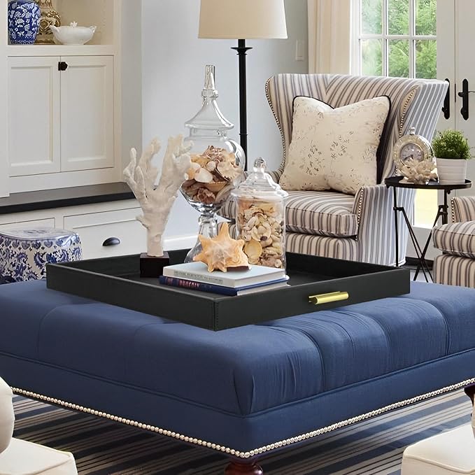 HofferRuffer Elegant Decorative Serving Tray, 20"x20" Square Faux Leather Ottoman Tray with Gold Hardware Handles, Coffee Table Serve Tea, Coffee or Breakfast (Black)