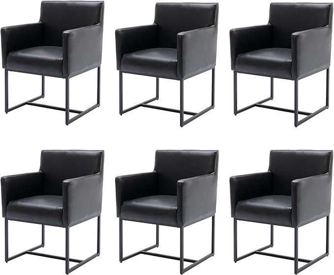 Set of 6 Upholstered Dining Chairs with Armrest, PU Leather Modern Accent Armchairs, Kitchen & Dining Room Chairs Side Chairs, Black