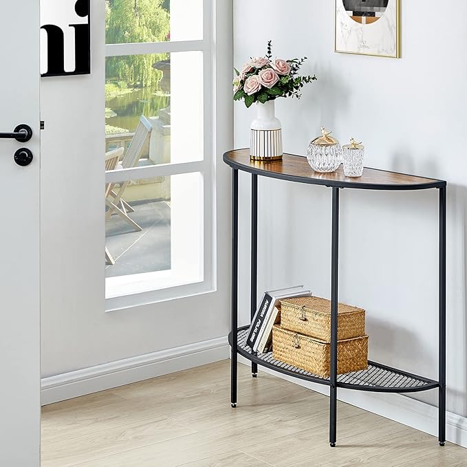 SAYGOER Entryway Table 2 Tier Small Console Table with Storage Half Moon Sofa Couch Table Mid Century Modern Narrow Entry Way Tables, 36.22" D x 11.8" W x 31.5" H, Easy Assembly, Dark Walnut