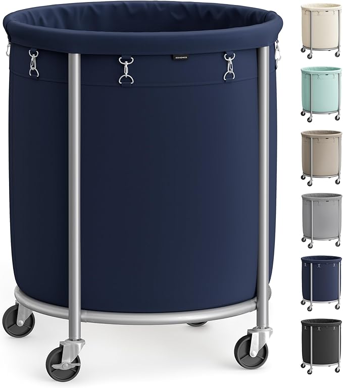 SONGMICS 50.2-Gallon (190 L) Laundry Basket with Wheels, Rolling Round Heavy-Duty Laundry Hamper Cart with Steel Frame and Removable Bag, 2 Locking Wheels, Charcoal Blue and Metallic Silver URLS001Q01