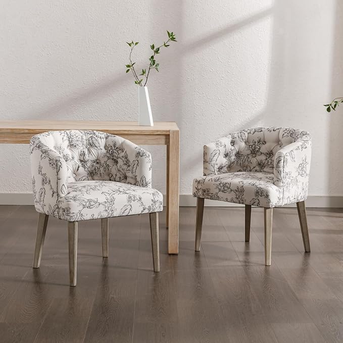 HEAH-YO Modern Dining Chairs Set of 4, Upholstered Linen Fabric Dining Room Chairs with Barrel Backrests, Comfy Kitchen Chair for Dining Room, Beige