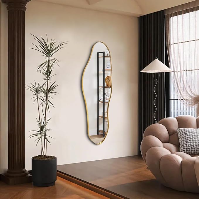 Large Asymmetrical Mirrors, 55"x22" Irregular Shaped Mirror, Gold Metal Frame Abstract Wall Mirror Decorative, Modern Funky Mirrors for Living Room Bathroom Bedroom Hallway Entryway Fireplace