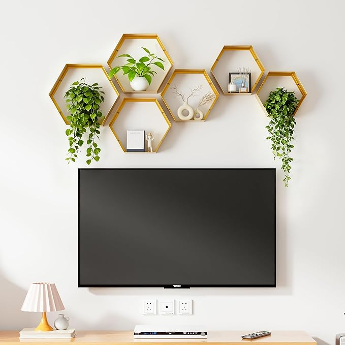 Gonice Gold Metal Hexagon Floating Shelves Set of 6 Honeycomb Wall Shelves Home Decor Shelf for Living Room Bedroom Office