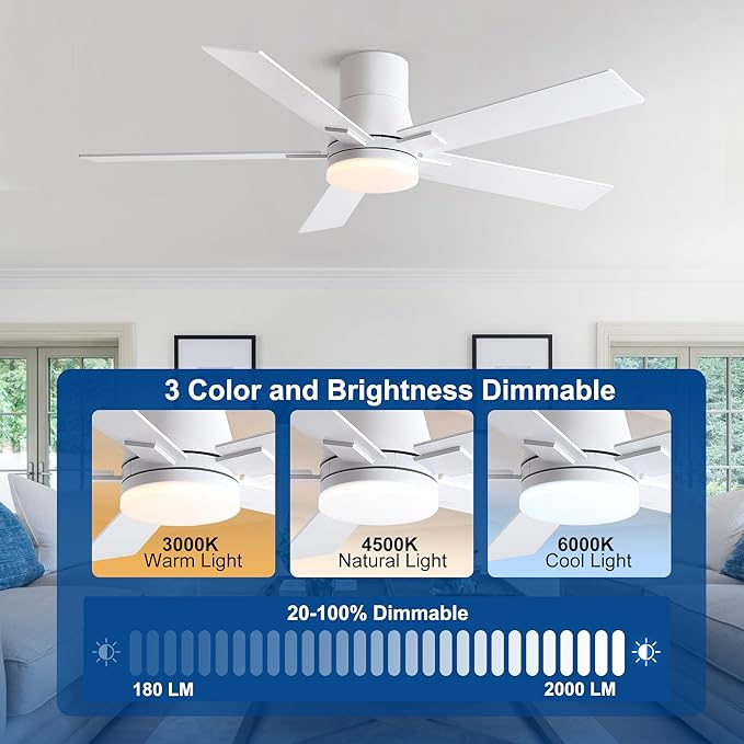 Rayqueen 52 Inch Ceiling Fans with Lights and Remote, Flush Mount White Ceiling Fan, 6 Speed Reversible DC Motor, 3CCT Dimmable LED-Low Profile Design for Bedroom, Living room & Covered Outdoor