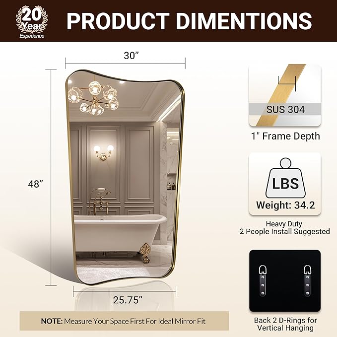 ANDY STAR 30x48 Inch Brushed Gold Mirror, Large Asymmetrical Wall Mirror, Antique Gold Mirror in Anti-Rust Stainless Steel Frame, Unique Designed Frame Ideal for Home Remodel