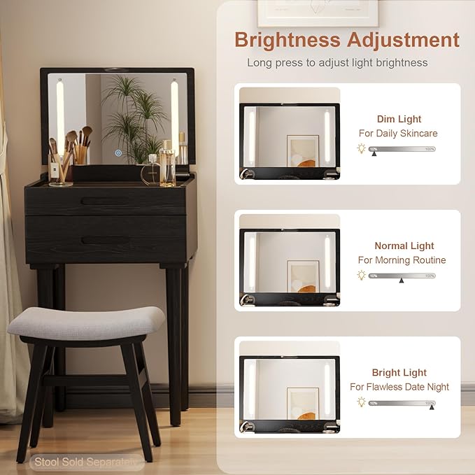 Solid Wood Small Vanity Desk with Mirror and Lights, Narrow Makeup Vanity for Small Space, Flip Top Vanity Side Table, 3 Color Modes & Adjustable Brightness, 19.6" Slim Dressing Table, Black