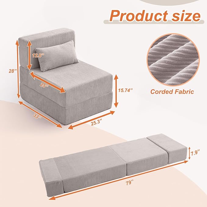 Folding Sofa Bed,Convertible Fold Out Couch,Portable Foldable Floor Mattress Sleeper Chair with Pillow,Adjustable Backrest Support,Lazy Sofa for Living Room,Single,Light Grey