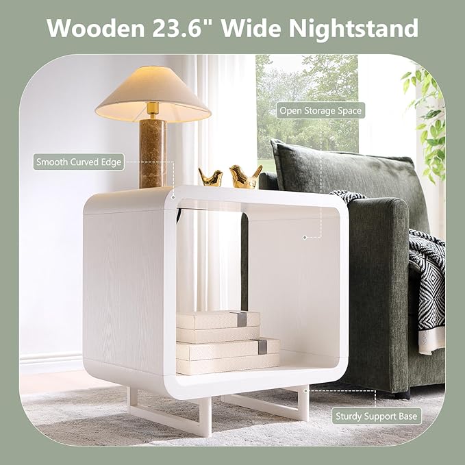 23.6" Modern End Table Set of 2, 2 Tier Side Table with Charging Station, Simple Bedside Table with Open Storage Shelf, Outlet, Wooden Nightstand for Bedroom, Living Room, Study, White