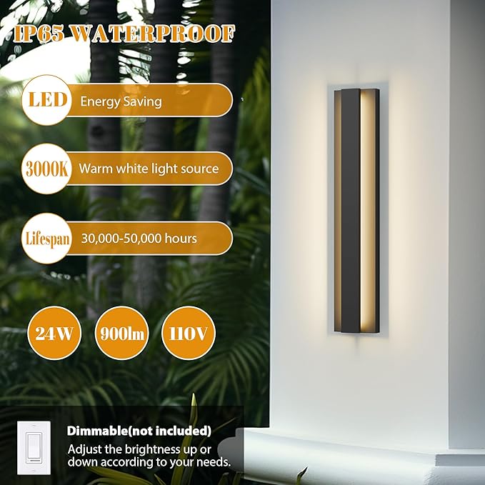 LamQee 23.6 Inch Modern Outdoor Wall Light Exterior Lighting Fixtures, 3000K 24W LED Contemporary Outdoor Sconces Wall Lighting, Matte Black Outside Wall Mount Lights for House Garage Porch Patio Door