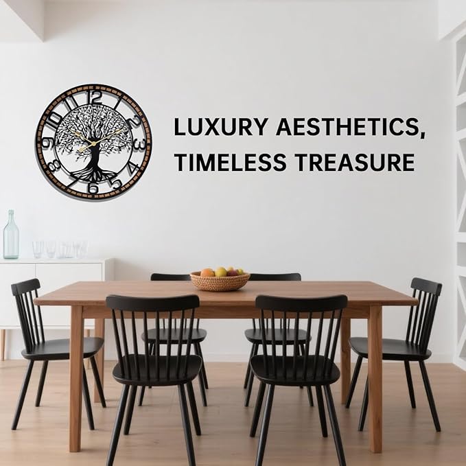 Tree of Life Wall Clock, 24Inch Metal Black Family Tree Oversized Wood Wall Clocks for Living Room Bedroom Home Decor, Modern Silent Mid-Century Battery Operated