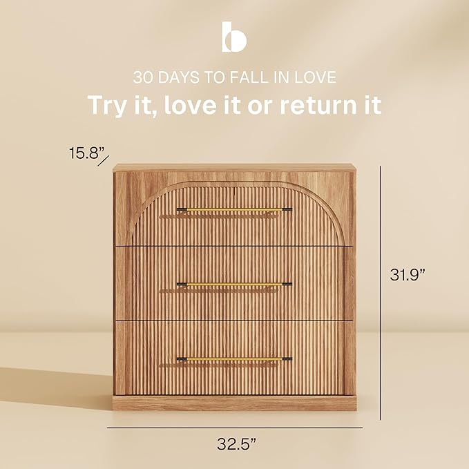 BELLEZE Fluted Modular Sideboard Cabinet, Classic Modern Buffet Cabinet with 3 Drawers, Accent Credenza Storage Cabinet for Dining Room Living Room Entryway (Camel)