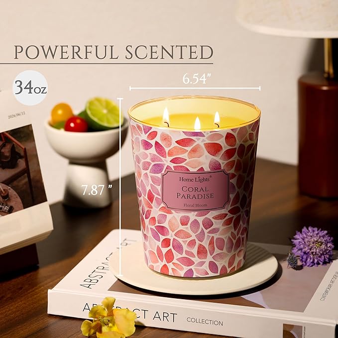 HomeLights Coral Paradise Scented Candles | 34oz Soy Candles Bohemian Natural Textures 3-Wick Large Candle Jars | Ideal Candle Gifts for Events, Home Decor Stress, Relief & Relaxation