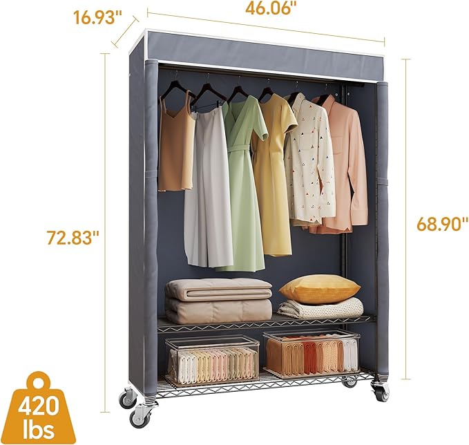 H4 Plus Rolling Clothes Rack with Cover, Heavy Duty Garment Rack, Wardrobe Closet with Wheels, Portable Closets for Hanging Clothes, Closet Organizer Storage, Black Rack with Grey Cover