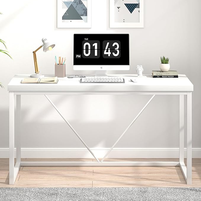 EXCEFUR White Computer Desk, Modern Home Office Desk, Small Wood Study Writing Table Workstation for Bedroom Living Room, 47 inch