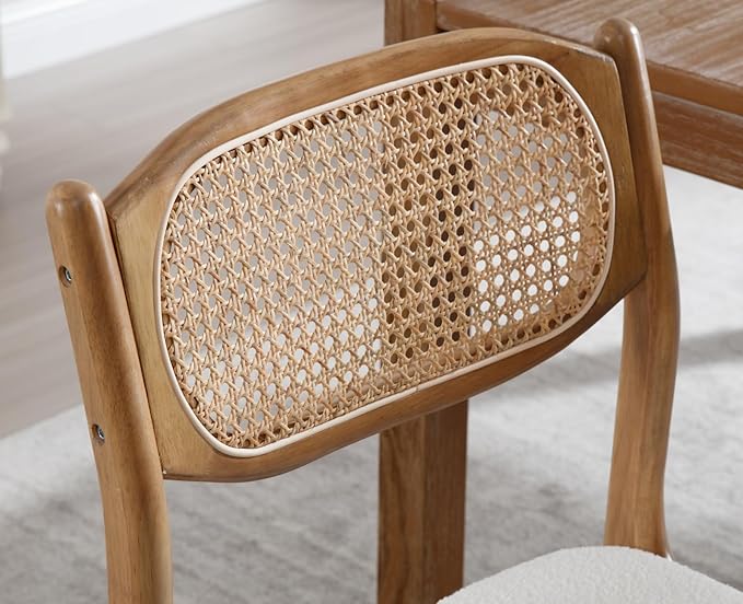 EALSON Mid Century Modern Rattan Dining Chairs Set of 4 Upholstered Sherpa Boucle Dining Room Chairs with Cane Back Farmhouse Kitchen Chairs Comfy Side Chairs with Hardwood Frame,Cream