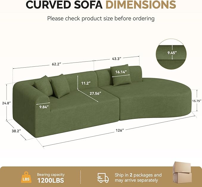 128" Oversized Modern Curved Sofa,Boneless Cloud Sectional Couch with Deep Seat,No Assembly Required Chenille Couches for Living Room,Green,1 PCS