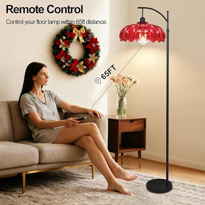 Unique Floor Lamp for Living Room with Remote,Arc Vintage Flower Standing Tall Lamp,Black Dimmable Floor Lamp with Red Glass Shade,Modern Mid Century Floor Lamps for Bedroom Office Corner