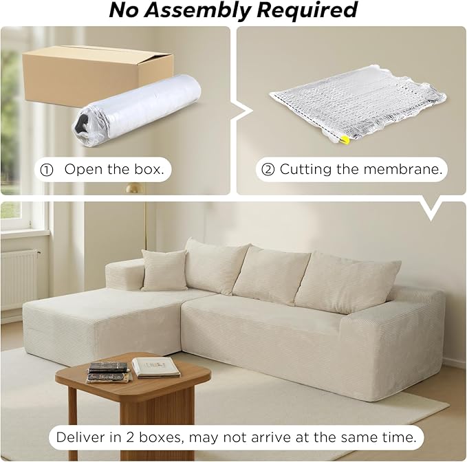 Beige Sectional Couches for Living Room, Boneless Couch with L-Shape Chaise, Modular Sofa in Box with Deep Seat, No Assembly Required