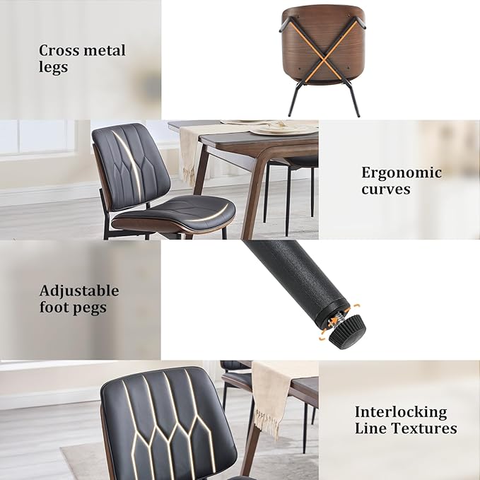 BV Mid Century Modern Dining Chairs Set of 6, Upholstered Pu Leather Armless Accent Chair with Walnut Bentwood Back, Retro Kitchen Chair for Dining Room, Living Room, Kitchen, Black