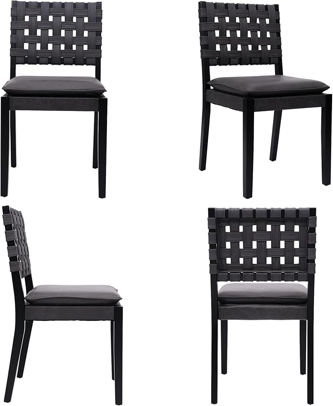 Woven Faux Leather Dining Chairs Set of 4, Farmhouse Upholstered Kitchen Chairs with Wooden Legs Armless Accent Side Chairs for Dining Room/Restaurant, Black